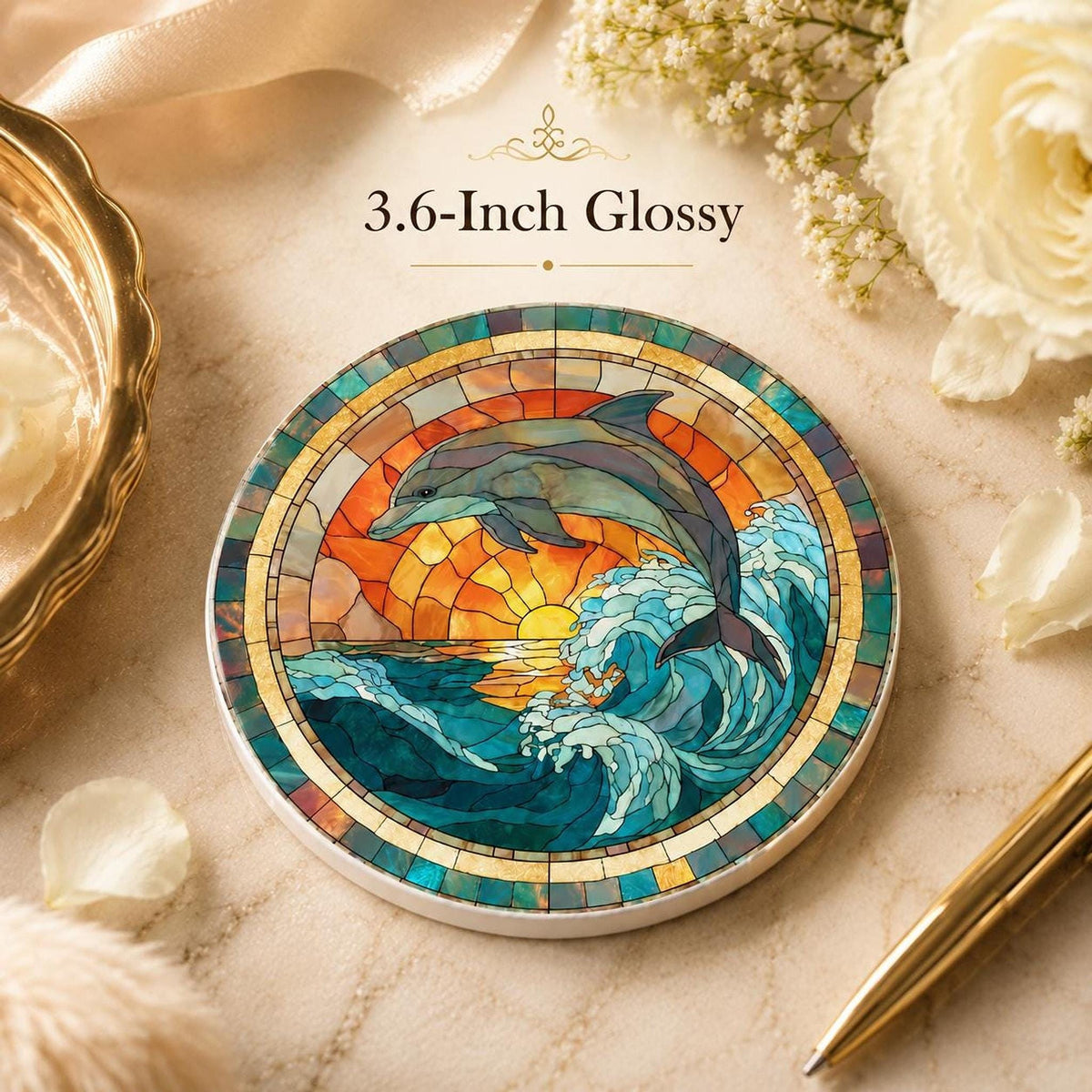Dolphin Coaster with Ocean Wave Design, Round Ceramic Drink