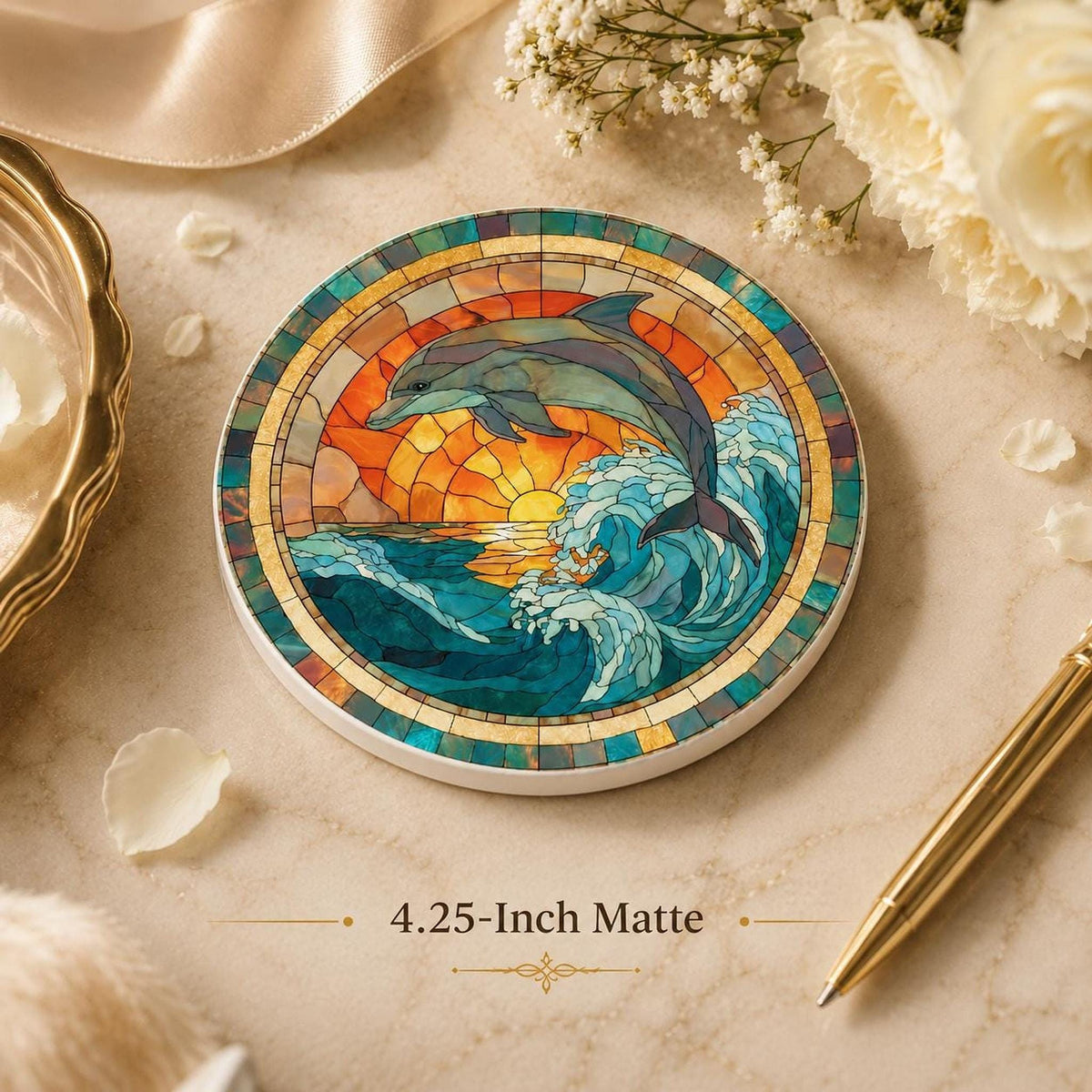 Dolphin Coaster with Ocean Wave Design, Round Ceramic Drink