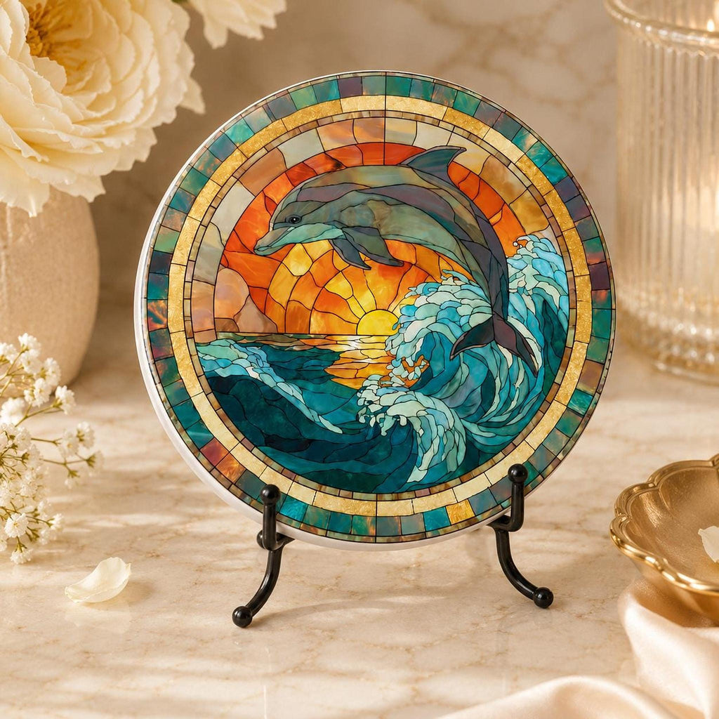 Dolphin Coaster with Ocean Wave Design, Round Ceramic Drink