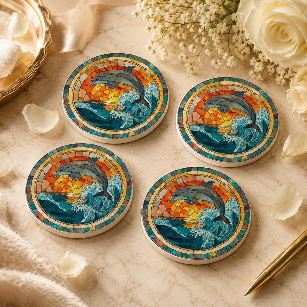 Dolphin Coaster with Ocean Wave Design, Round Ceramic Drink