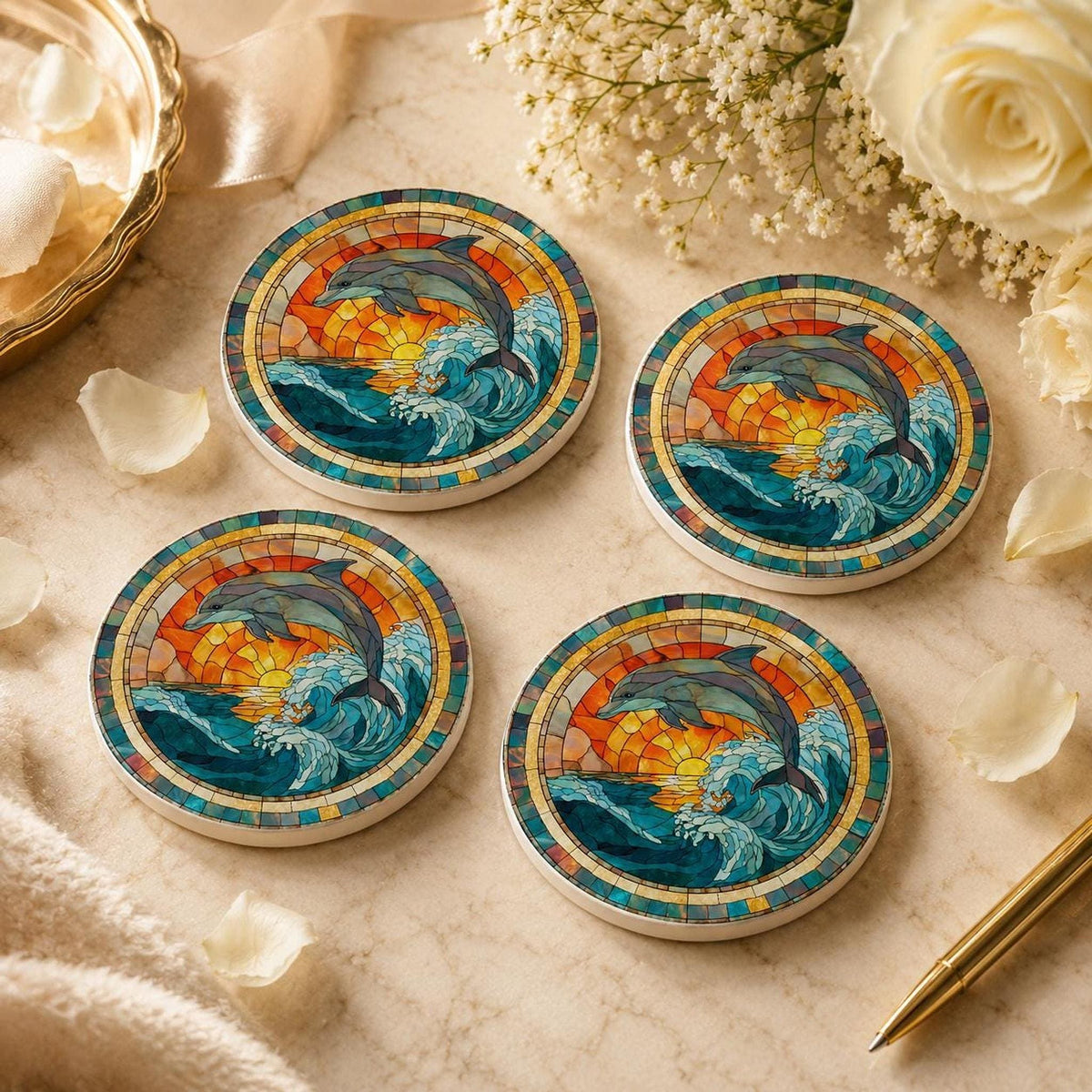 Dolphin Coaster with Ocean Wave Design, Round Ceramic Drink