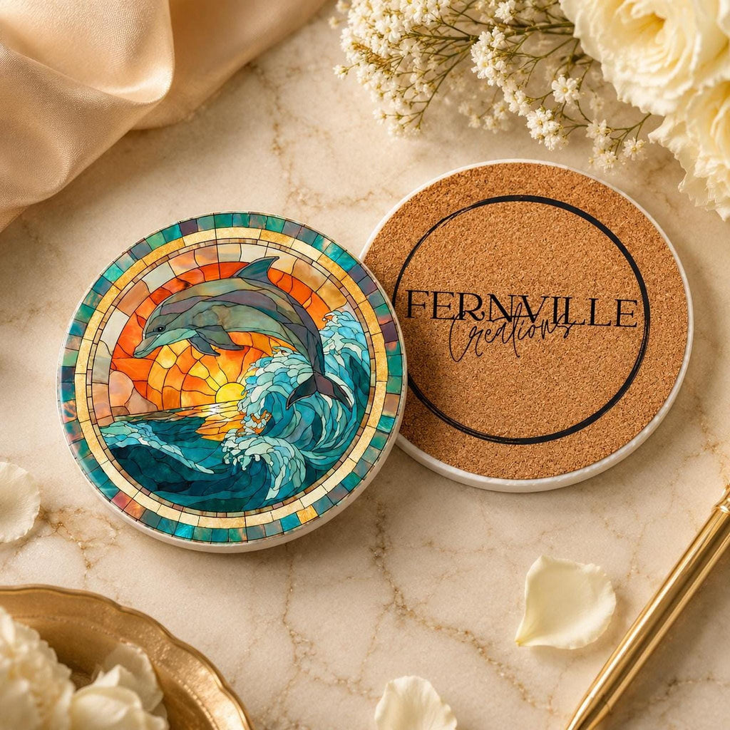 Dolphin Coaster with Ocean Wave Design, Round Ceramic Drink