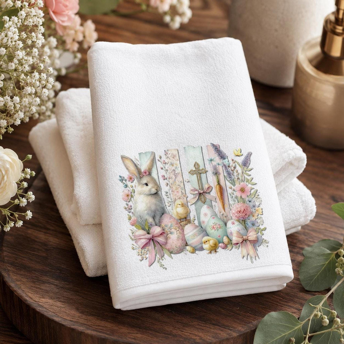 Easter Towel with Bunny Design, Spring Fingertip for Guest Bath