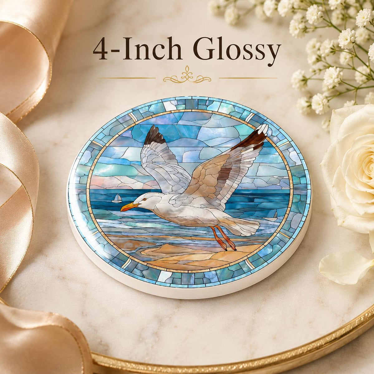 Seagull Coaster, Coastal Ceramic Art Design with Glossy Finish