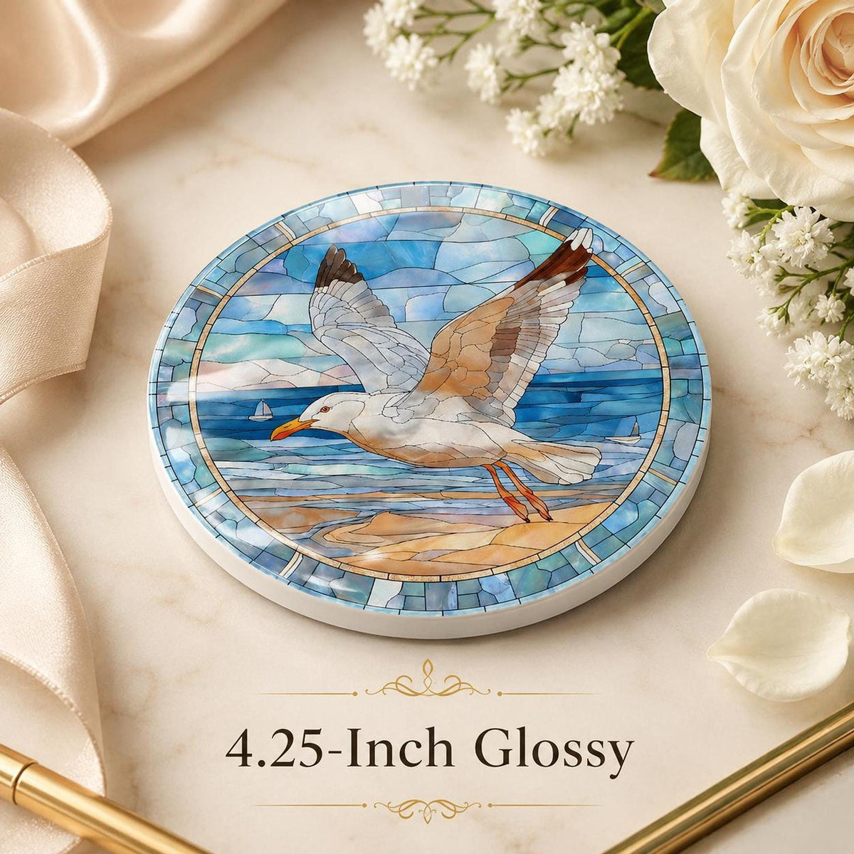 Seagull Coaster, Coastal Ceramic Art Design with Glossy Finish