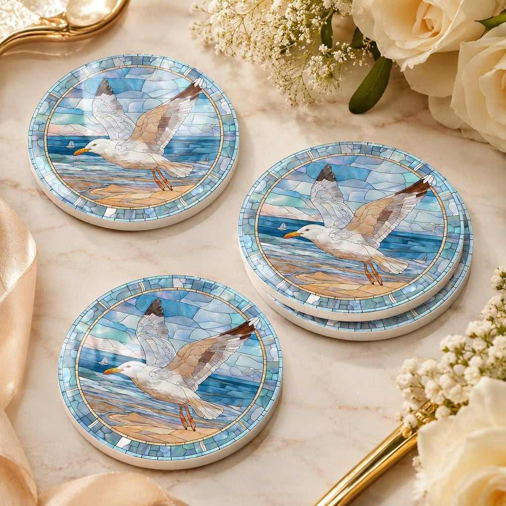 Seagull Coaster, Coastal Ceramic Art Design with Glossy Finish