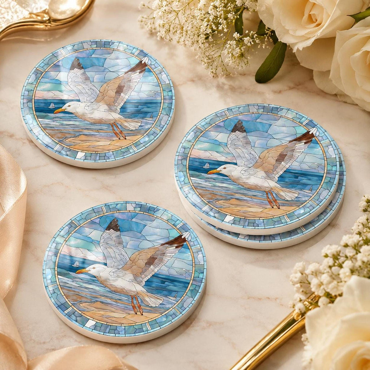 Seagull Coaster, Coastal Ceramic Art Design with Glossy Finish