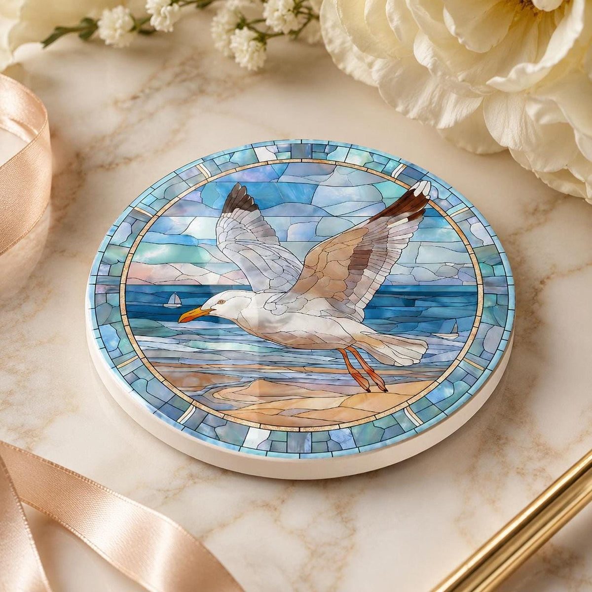 Seagull Coaster, Coastal Ceramic Art Design with Glossy Finish