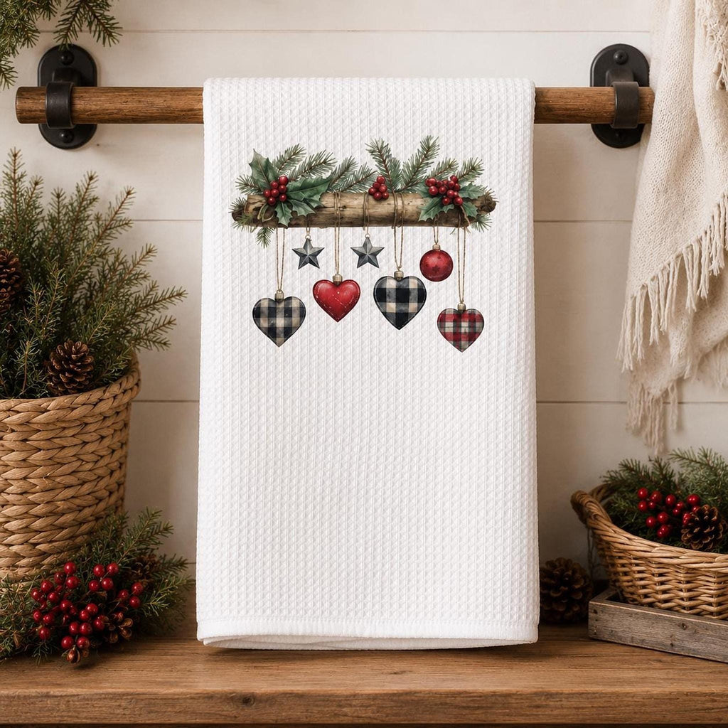 Rustic Christmas Waffle Towel with Plaid Heart Ornaments