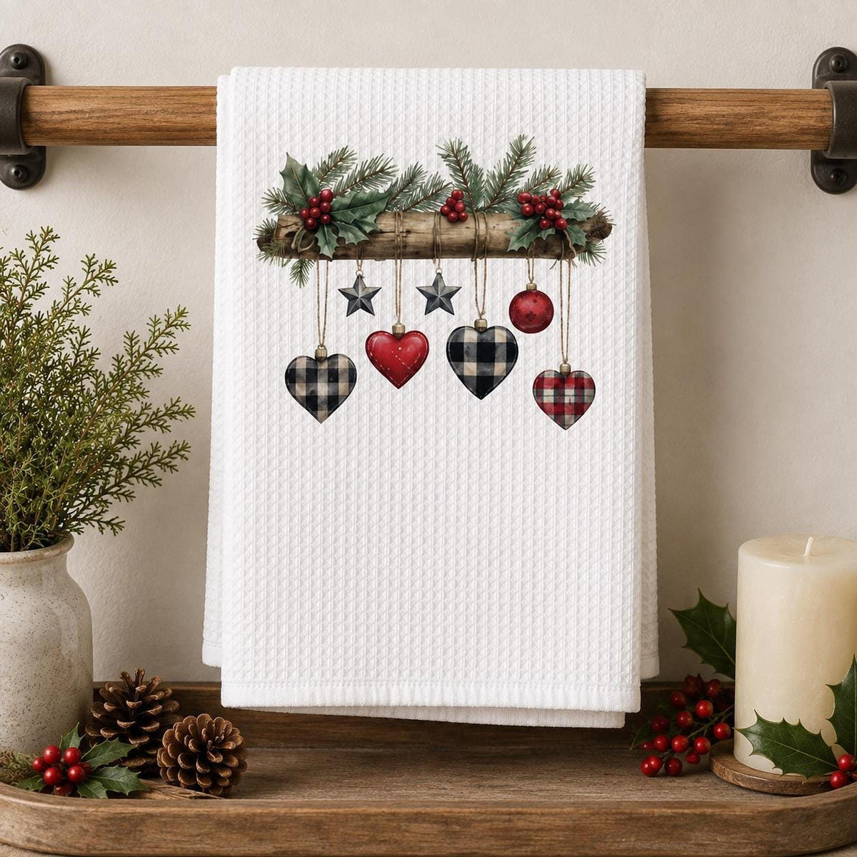 Rustic Christmas Waffle Towel with Plaid Heart Ornaments