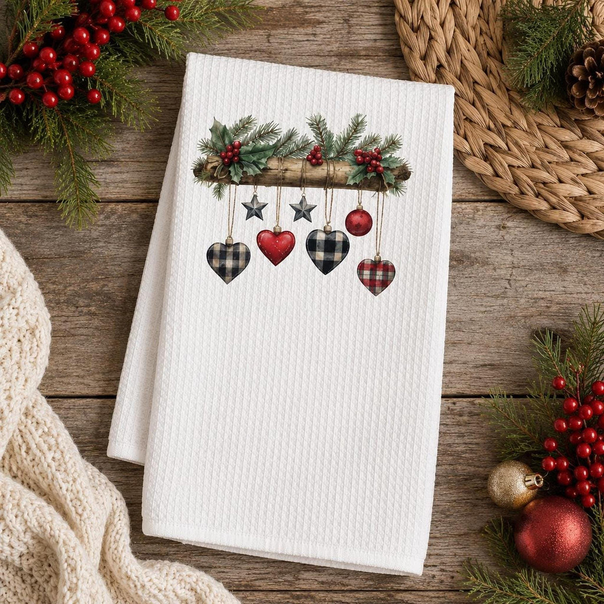 Rustic Christmas Waffle Towel with Plaid Heart Ornaments