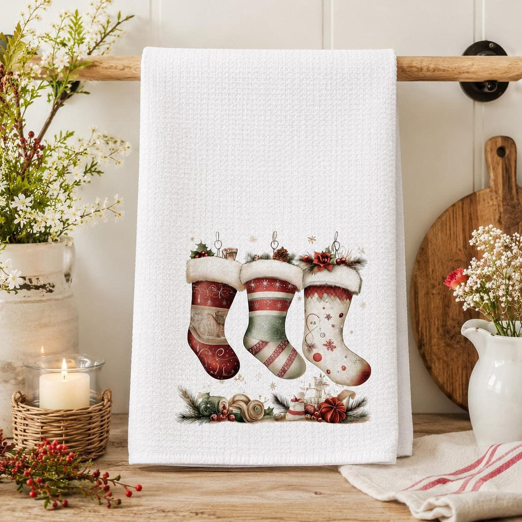 Holiday Towel with Christmas Stocking Design, Waffle Weave Kitchen Decor
