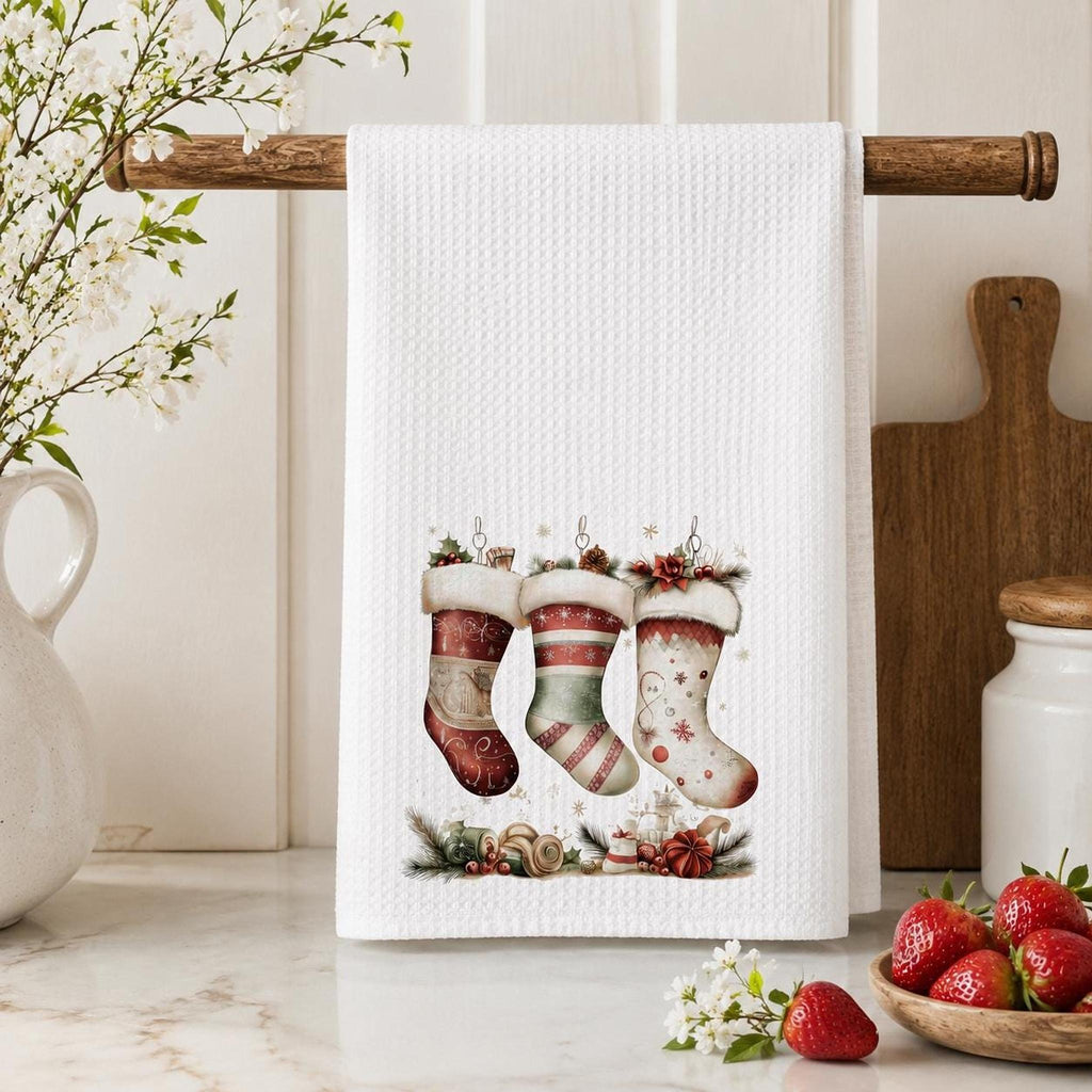 Holiday Towel with Christmas Stocking Design, Waffle Weave Kitchen Decor