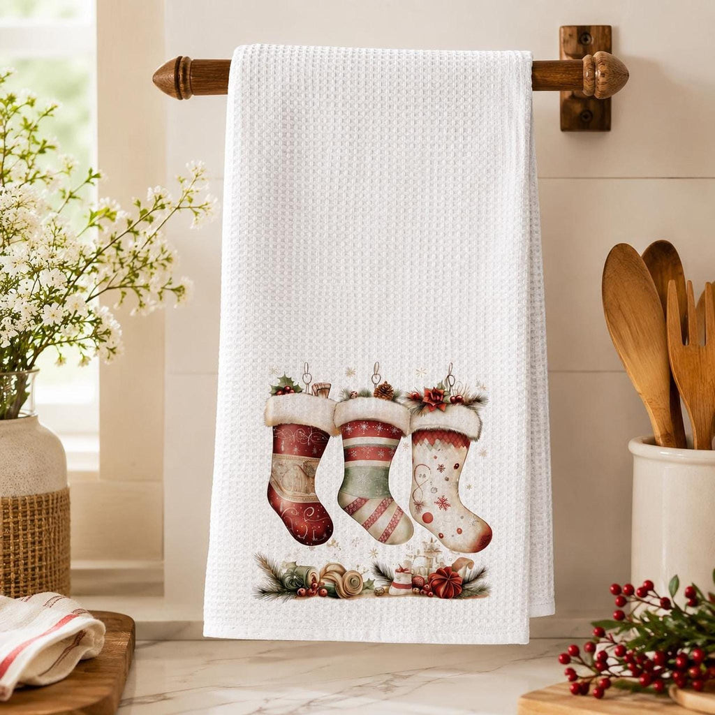 Holiday Towel with Christmas Stocking Design, Waffle Weave Kitchen Decor