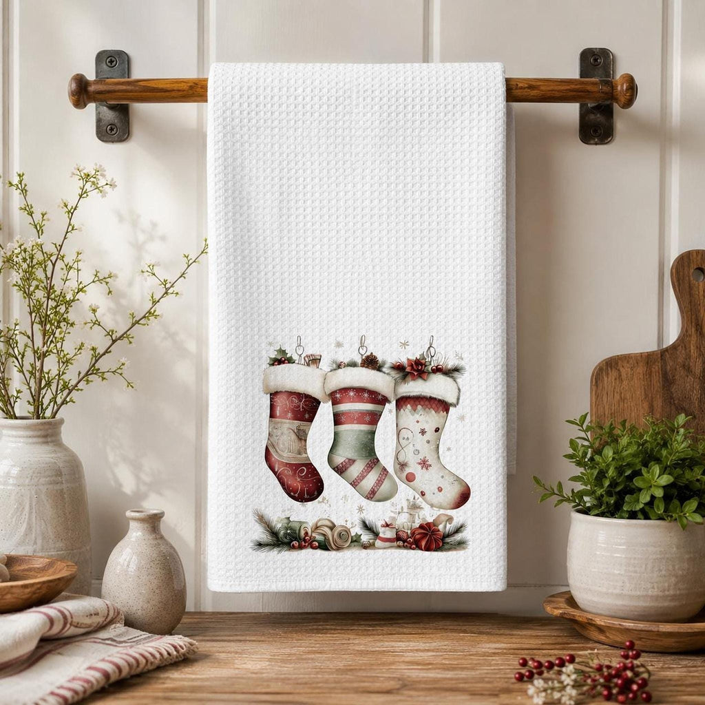 Holiday Towel with Christmas Stocking Design, Waffle Weave Kitchen Decor