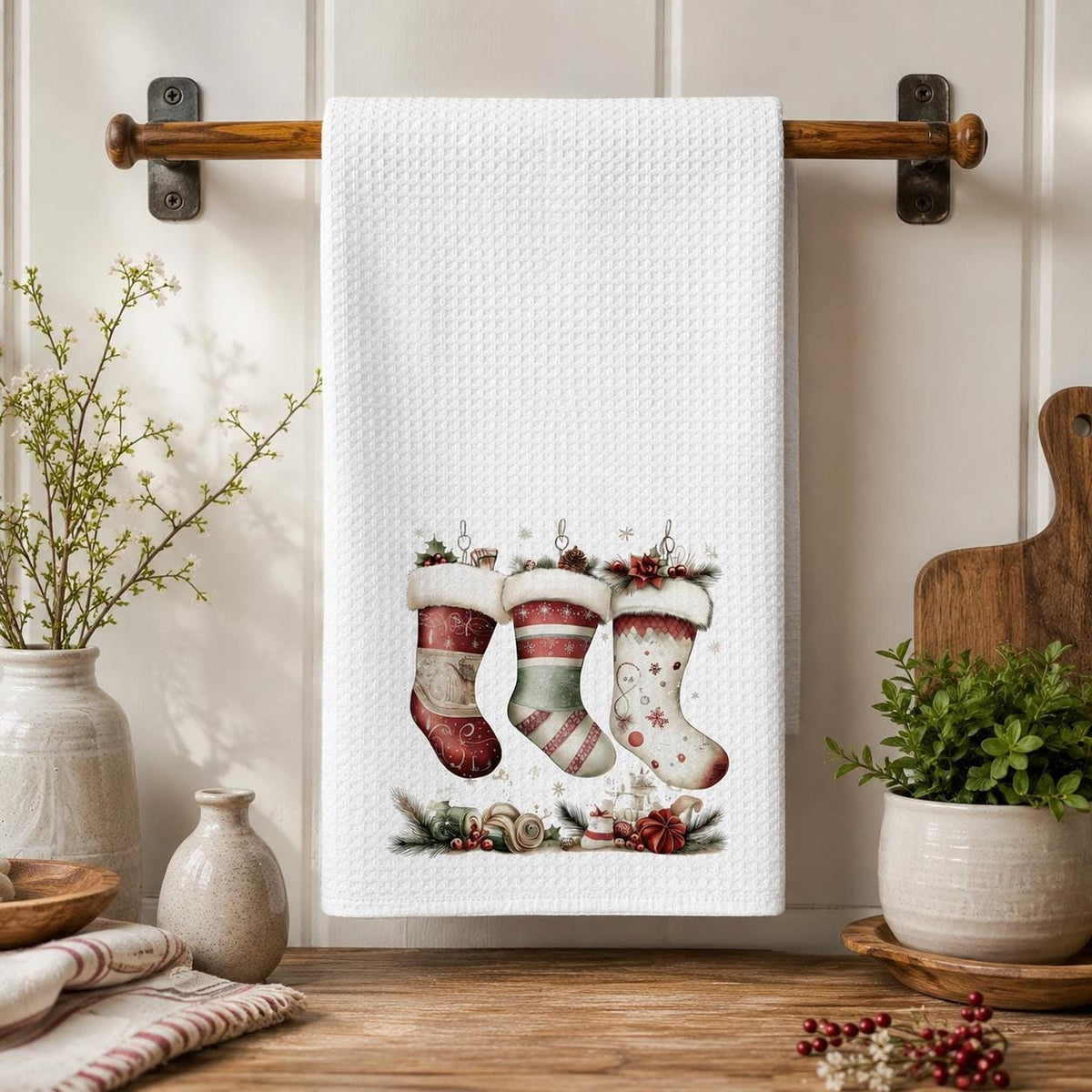 Holiday Towel with Christmas Stocking Design, Waffle Weave Kitchen Decor