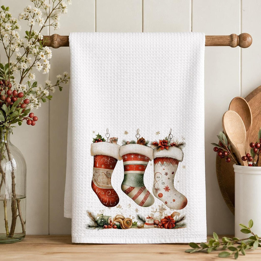 Holiday Towel with Christmas Stocking Design, Waffle Weave Kitchen Decor
