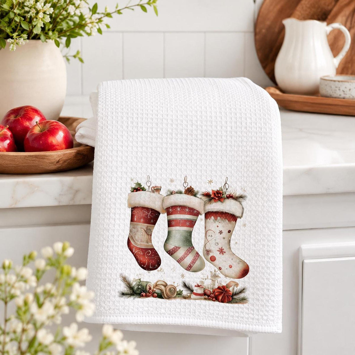 Holiday Towel with Christmas Stocking Design, Waffle Weave Kitchen Decor