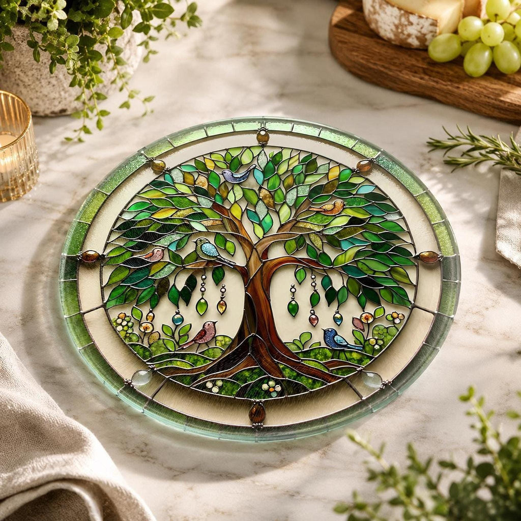 Tree of Life Glass Cutting Board, Round Charcuterie in Tempered