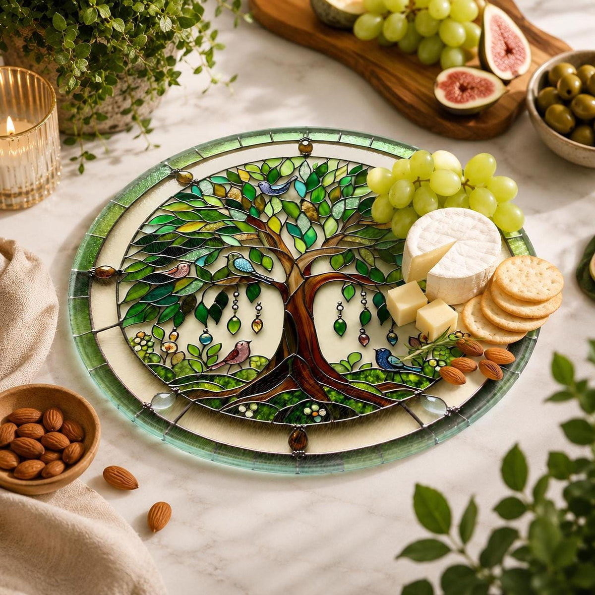 Tree of Life Glass Cutting Board, Round Charcuterie in Tempered