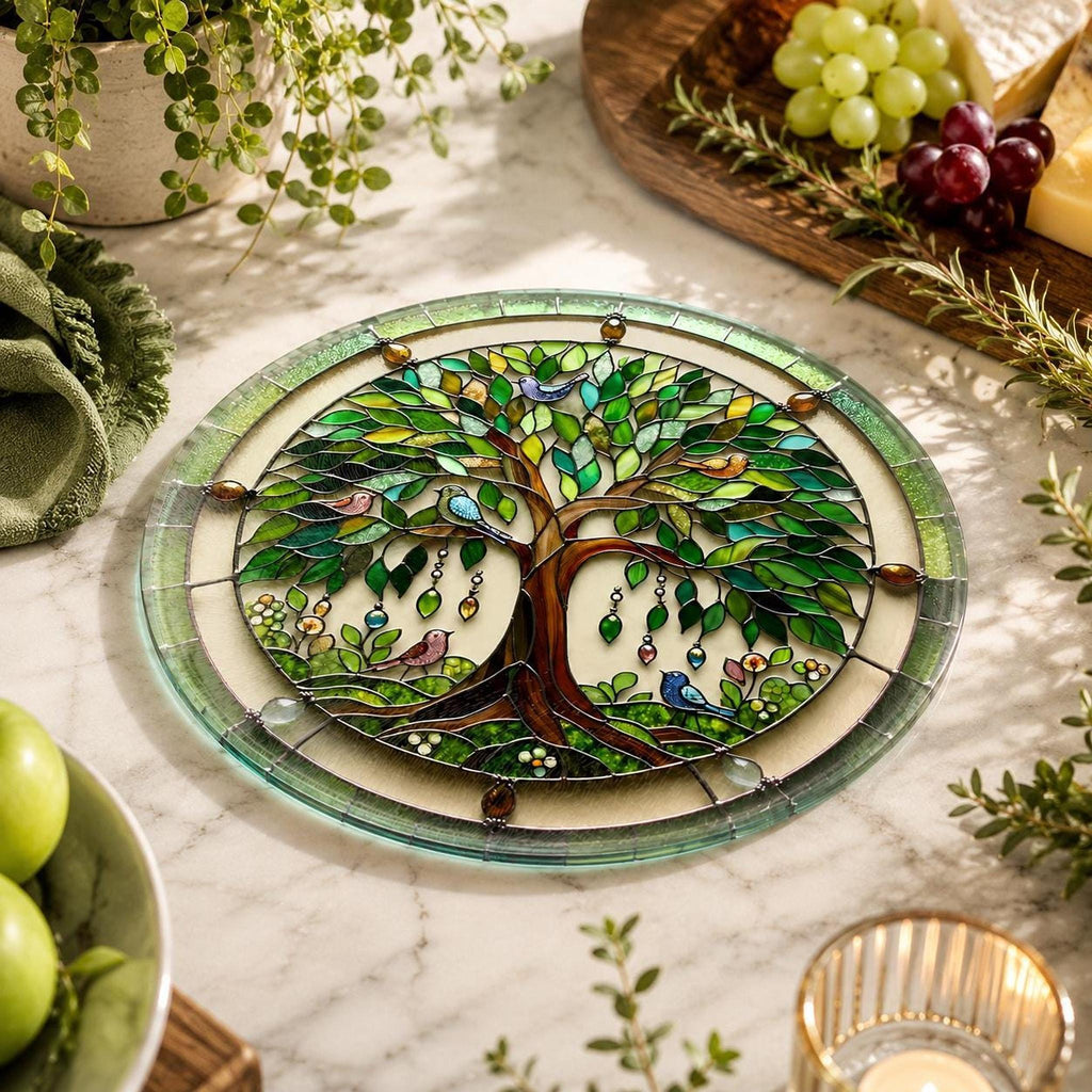 Tree of Life Glass Cutting Board, Round Charcuterie in Tempered