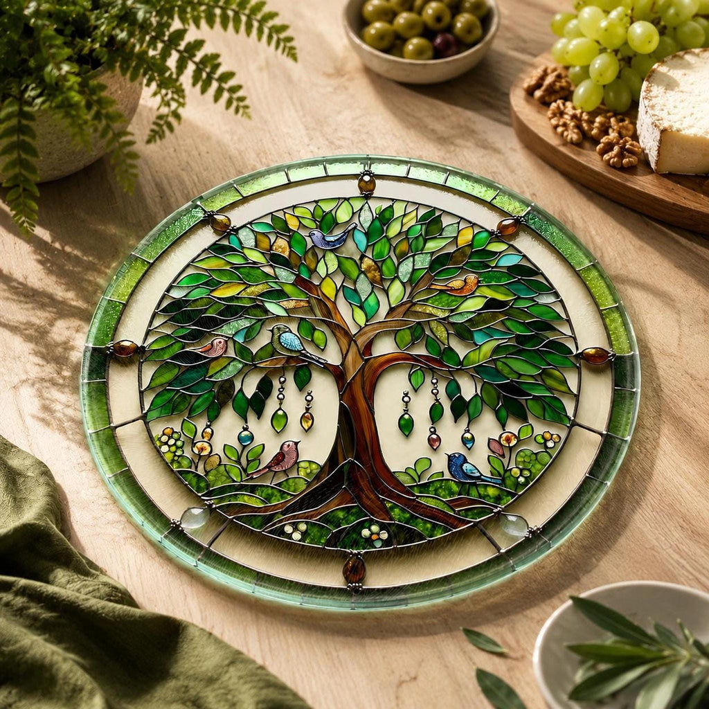Tree of Life Glass Cutting Board, Round Charcuterie in Tempered