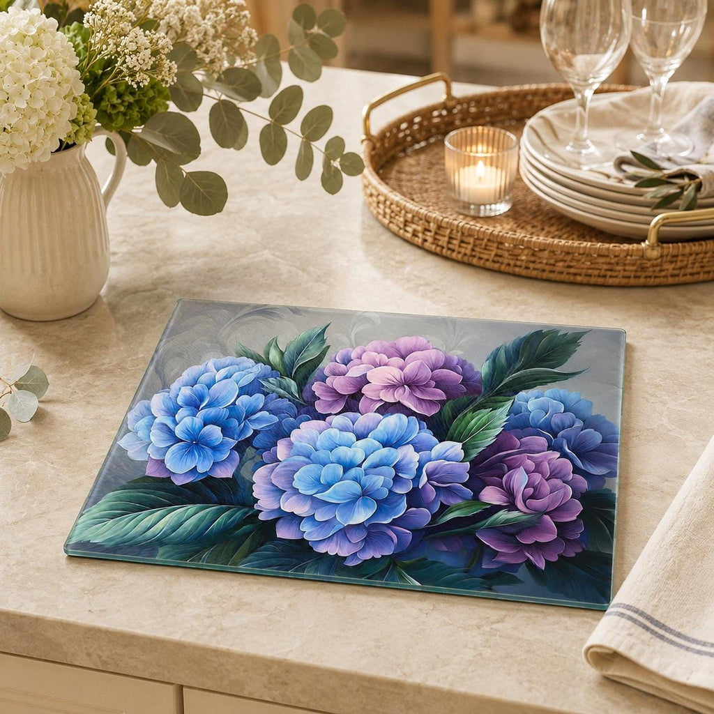 Hydrangea Glass Cutting Board, Floral Serving Tray with Tempered