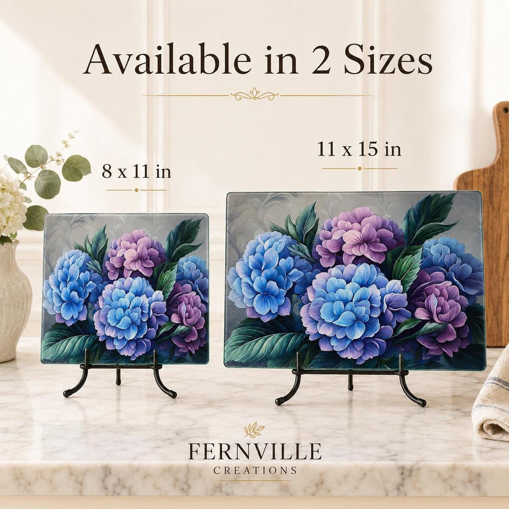 Hydrangea Glass Cutting Board, Floral Serving Tray with Tempered