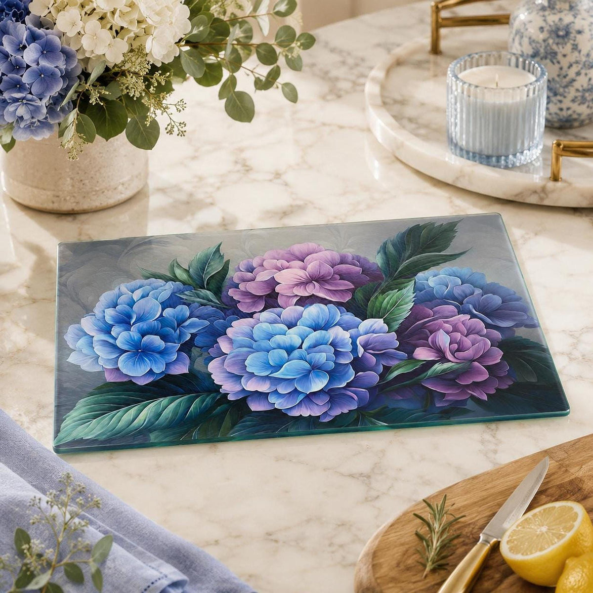 Hydrangea Glass Cutting Board, Floral Serving Tray with Tempered