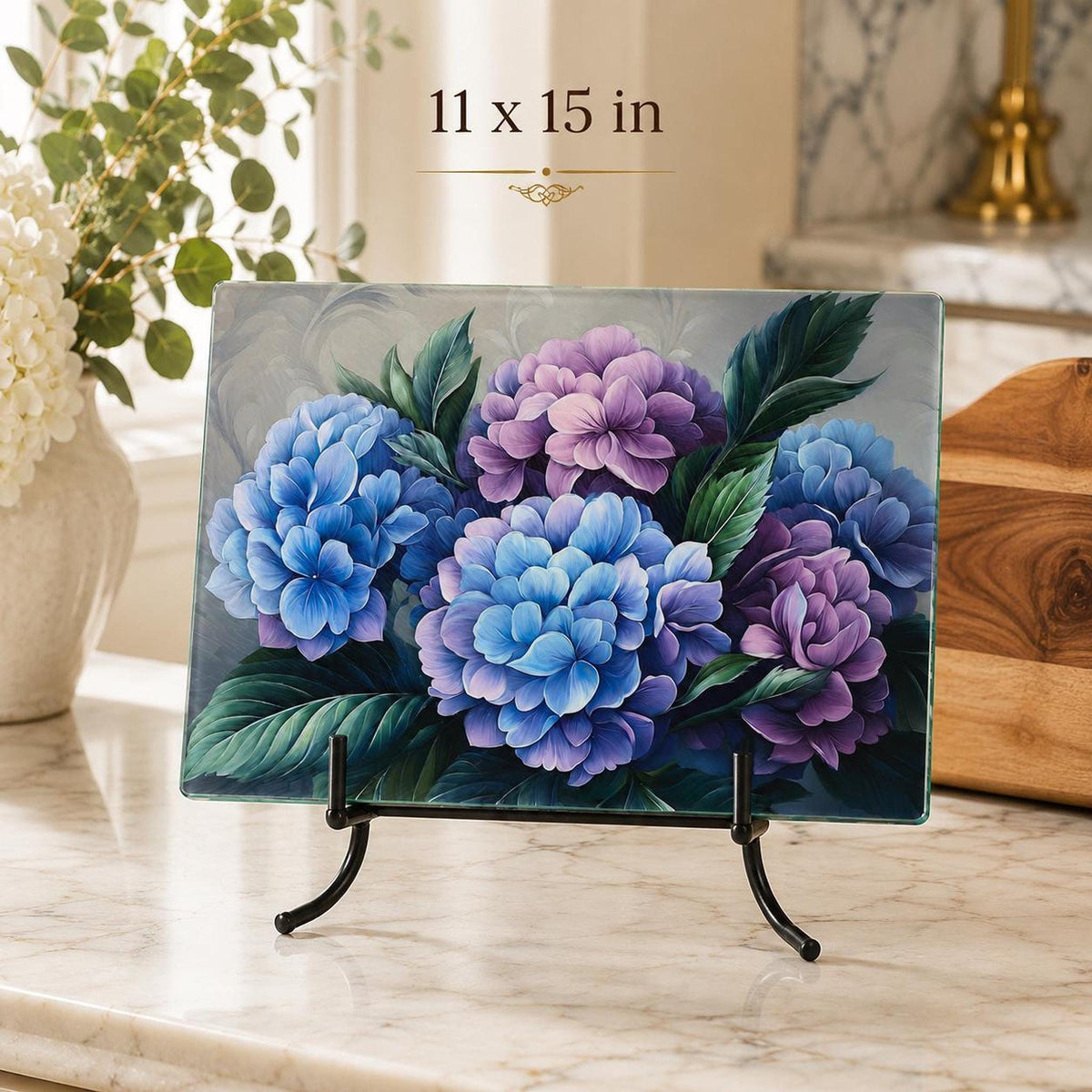 Hydrangea Glass Cutting Board, Floral Serving Tray with Tempered