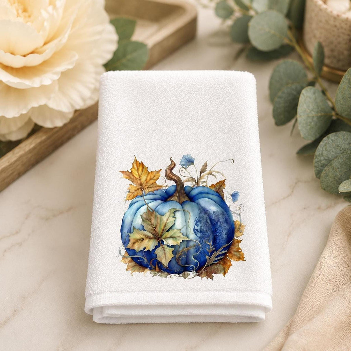 Blue Pumpkin Fingertip Towel with Autumn Leaves Design, Fall Decor