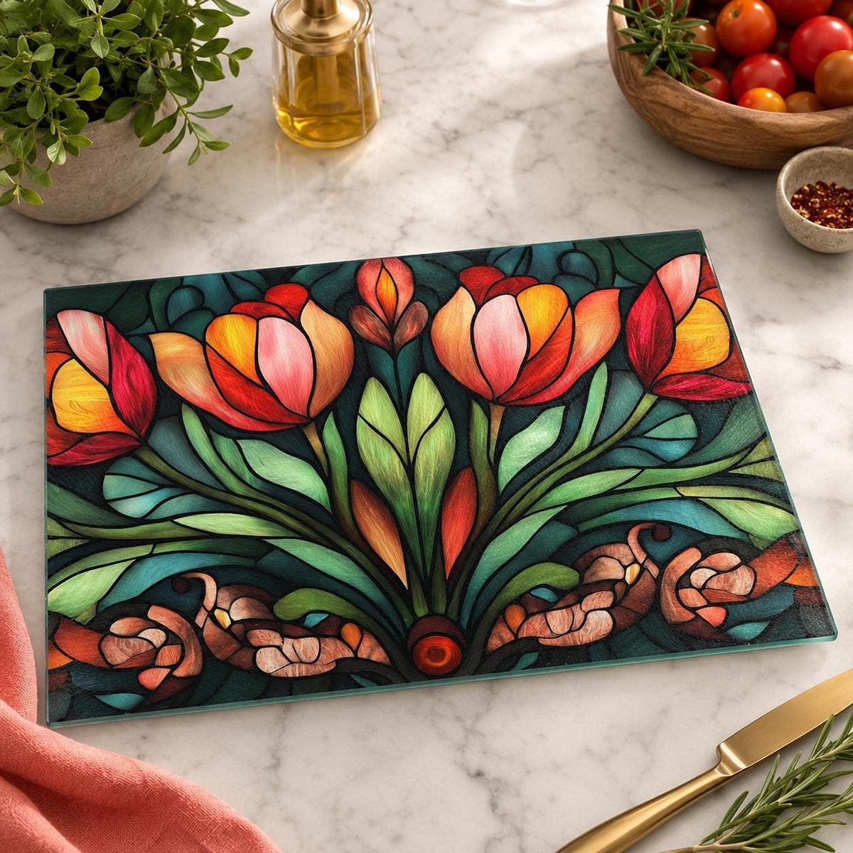 Colorful Floral Board, Tempered Glass Cutting and Charcuterie Tray