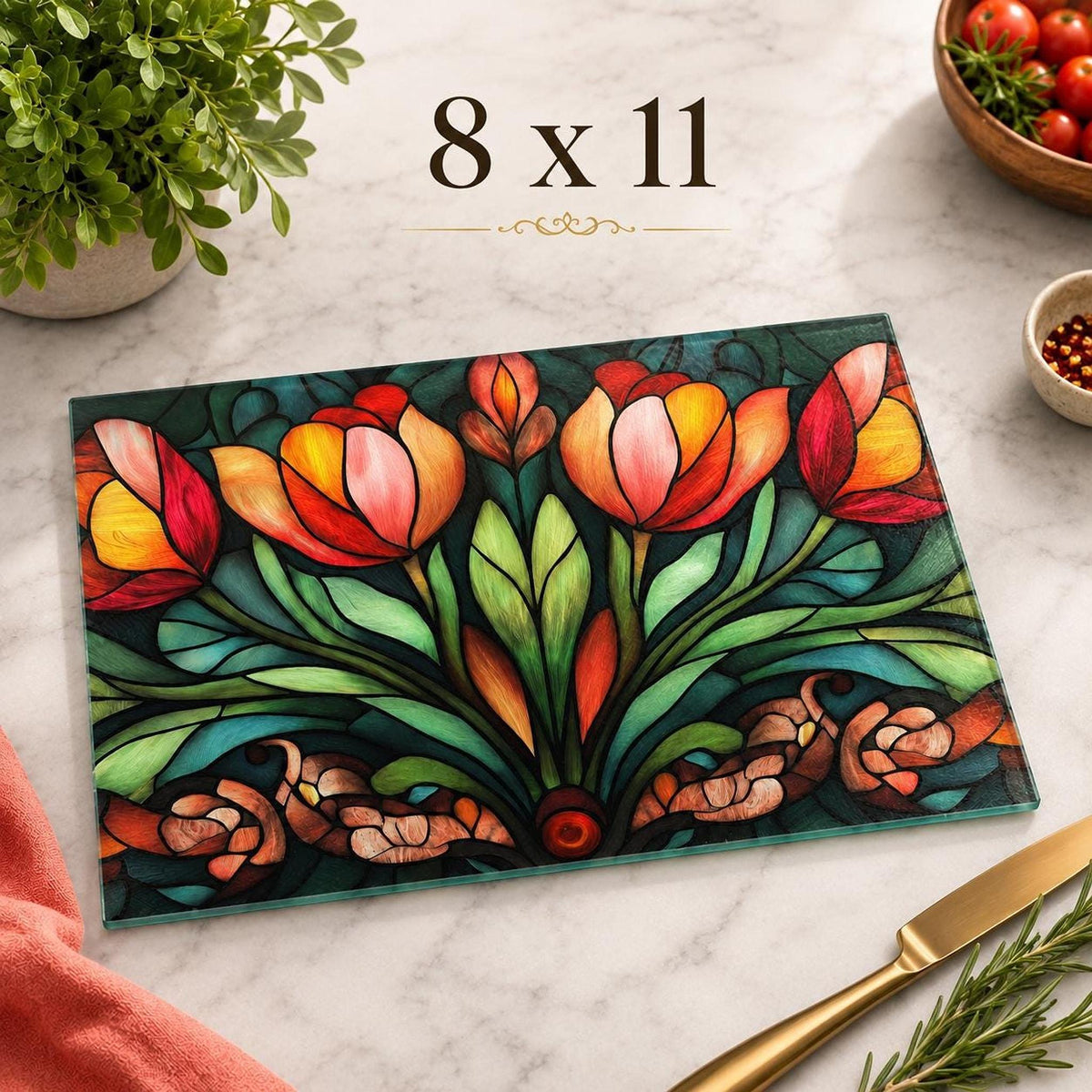 Colorful Floral Board, Tempered Glass Cutting and Charcuterie Tray