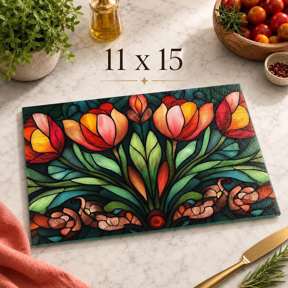 Colorful Floral Board, Tempered Glass Cutting and Charcuterie Tray