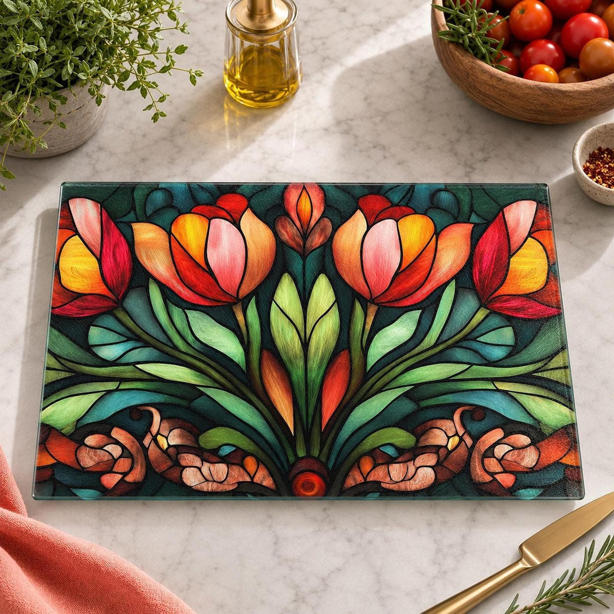 Colorful Floral Board, Tempered Glass Cutting and Charcuterie Tray