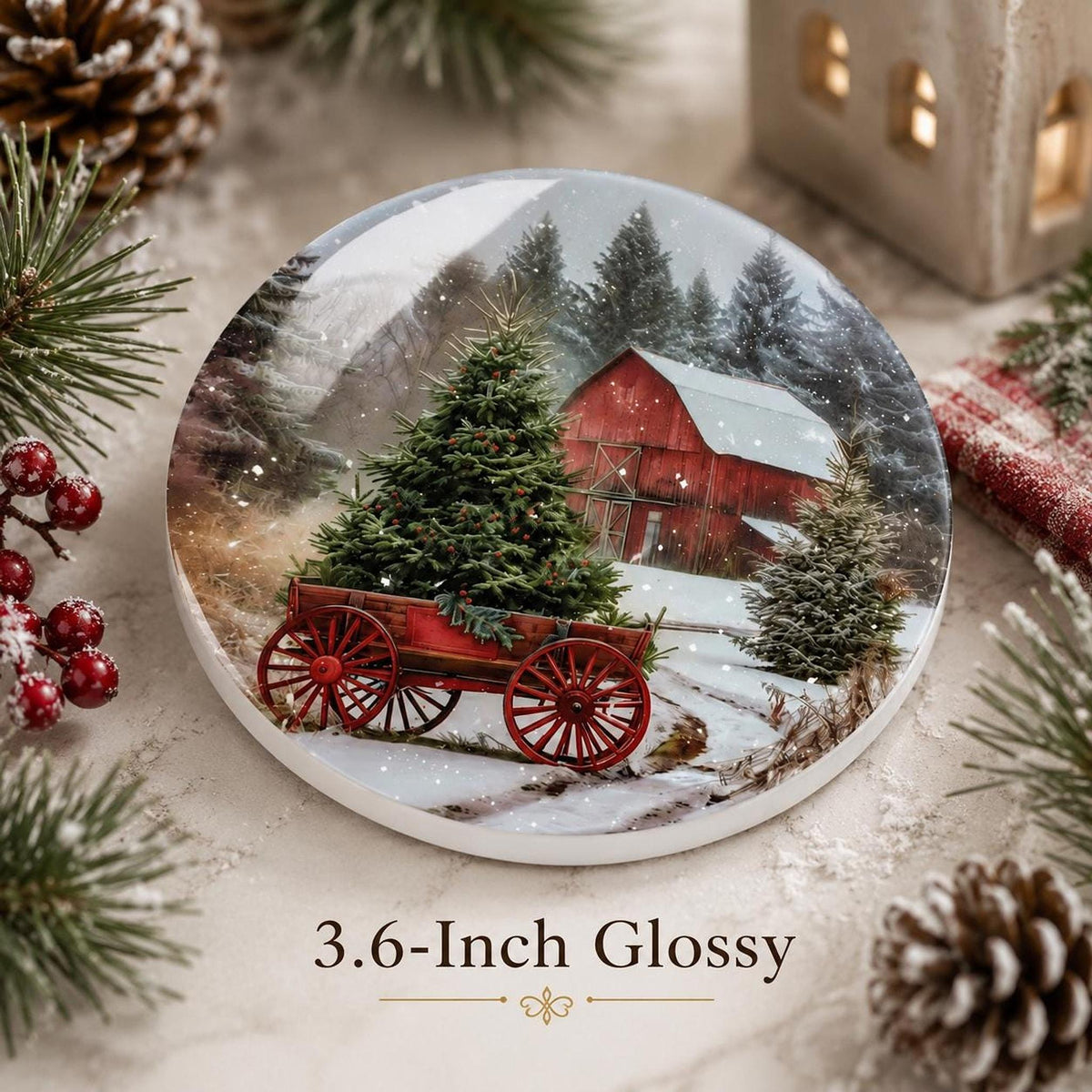 Christmas Coaster with Red Barn Design, Rustic Ceramic Drink
