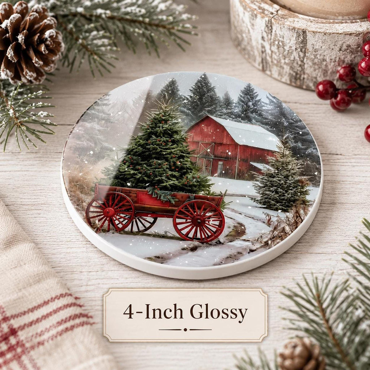 Christmas Coaster with Red Barn Design, Rustic Ceramic Drink