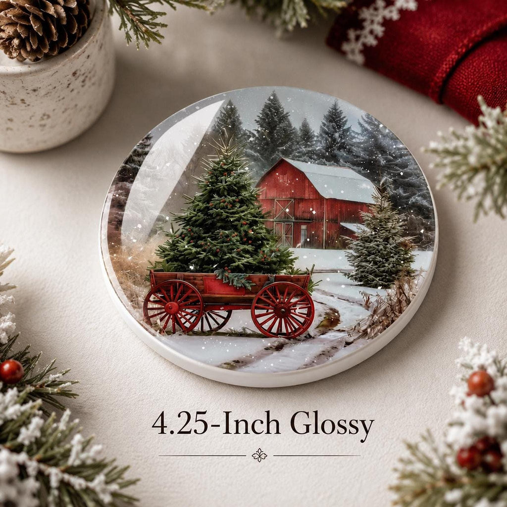 Christmas Coaster with Red Barn Design, Rustic Ceramic Drink
