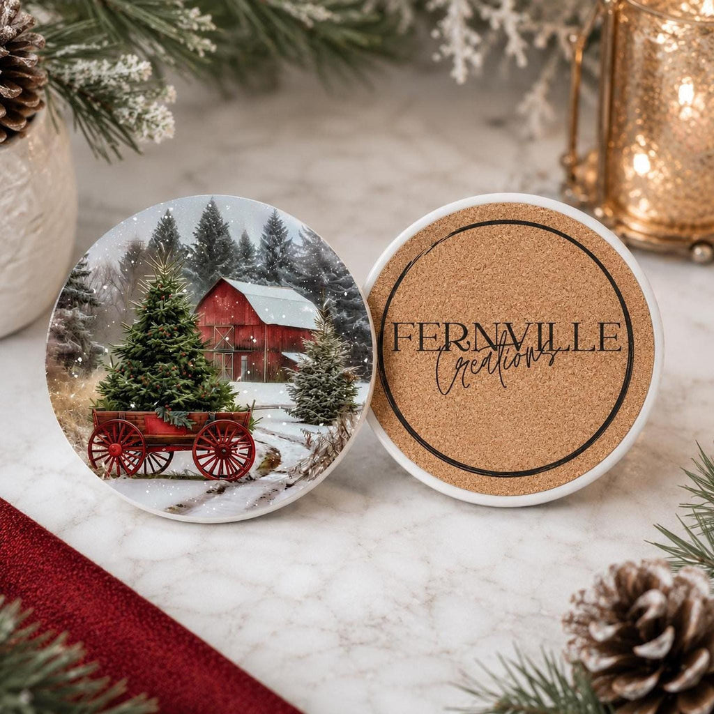 Christmas Coaster with Red Barn Design, Rustic Ceramic Drink