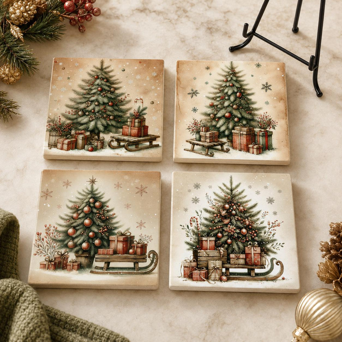 Christmas Coasters Set, Square Ceramic with Vintage Tree Designs