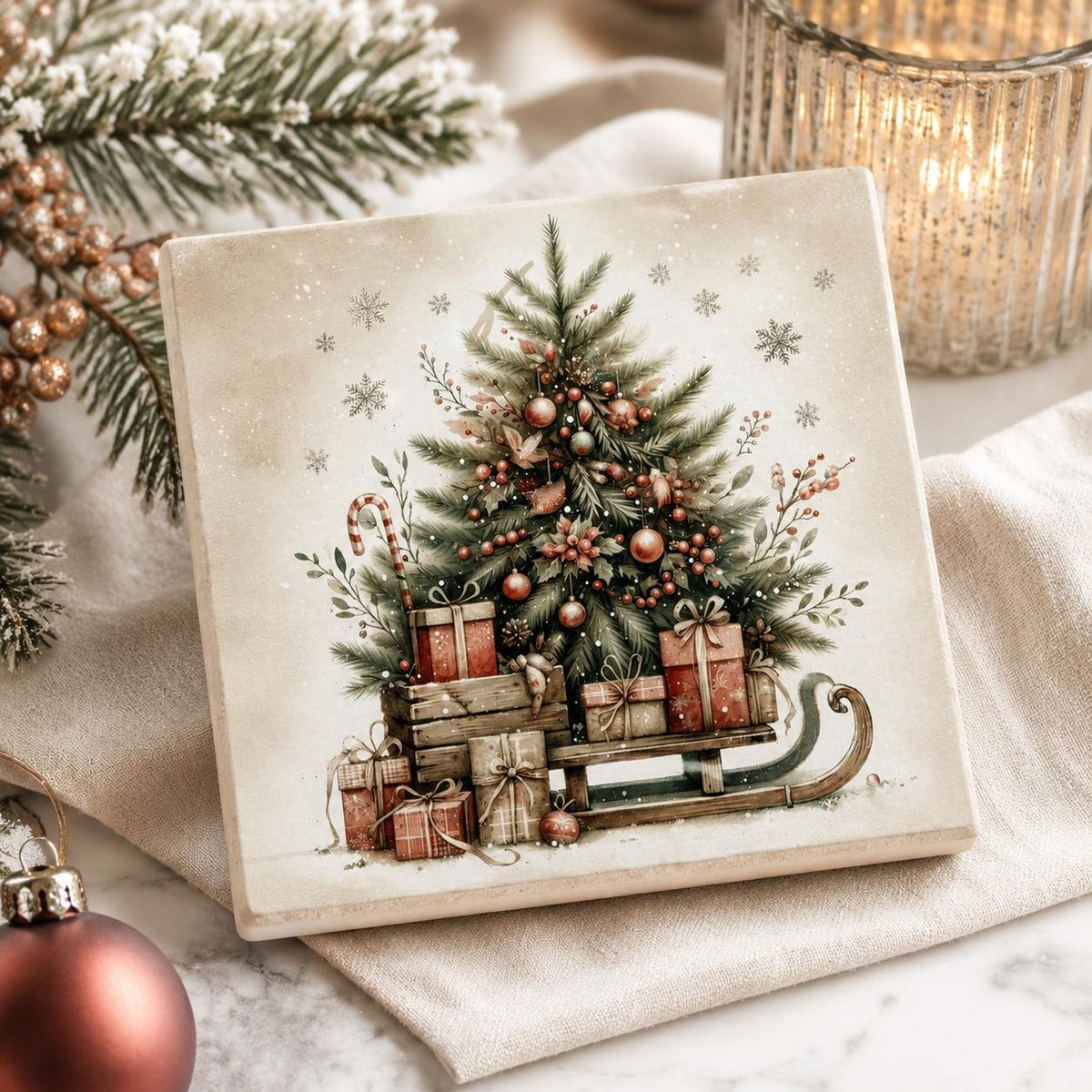 Christmas Coasters Set, Square Ceramic with Vintage Tree Designs