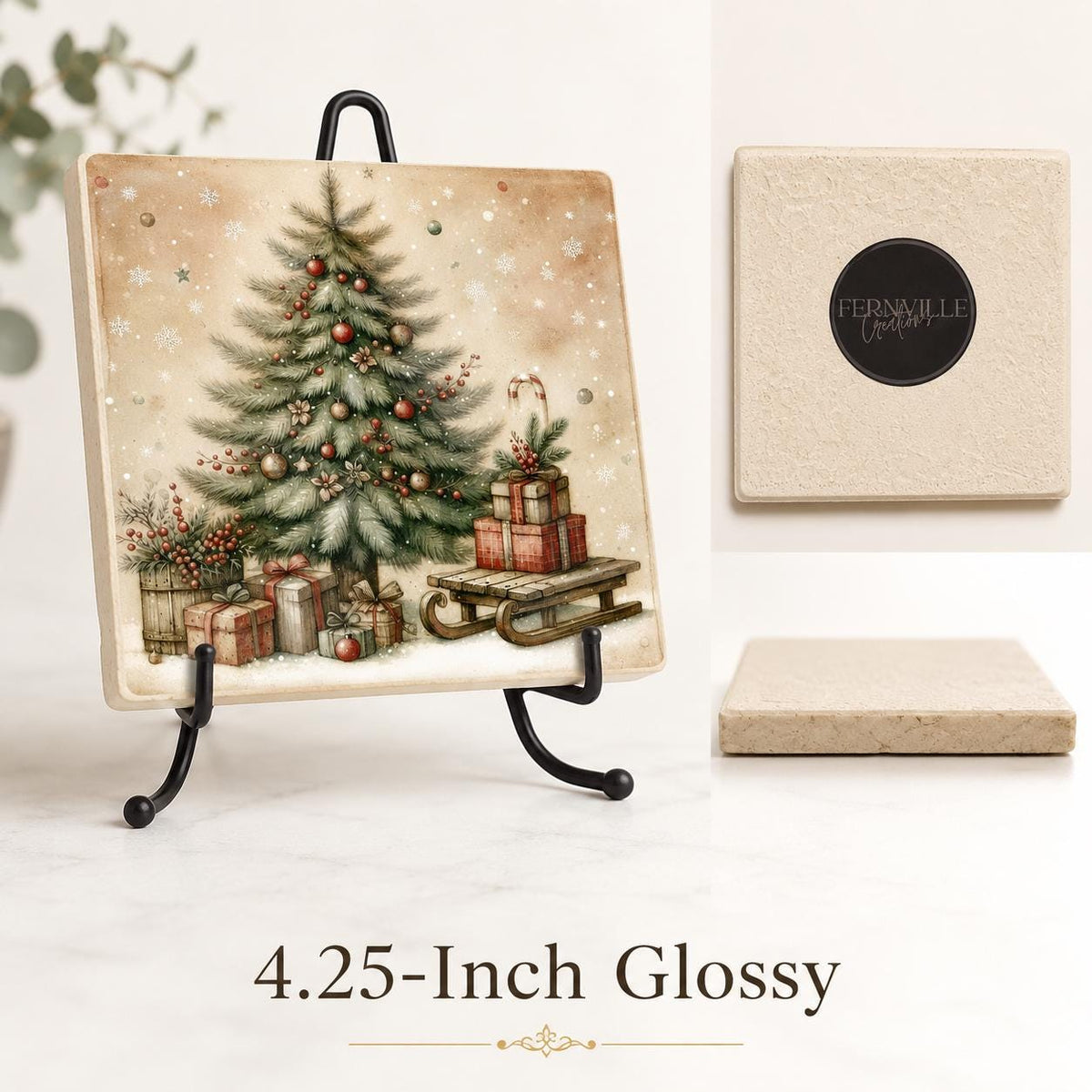 Christmas Coasters Set, Square Ceramic with Vintage Tree Designs