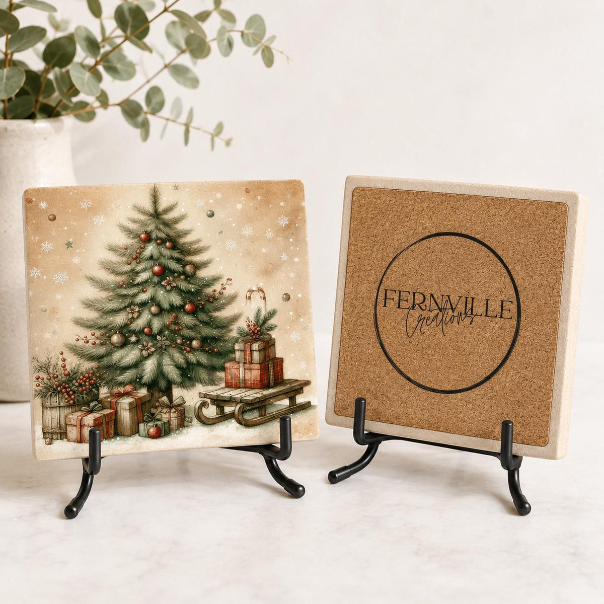 Christmas Coasters Set, Square Ceramic with Vintage Tree Designs