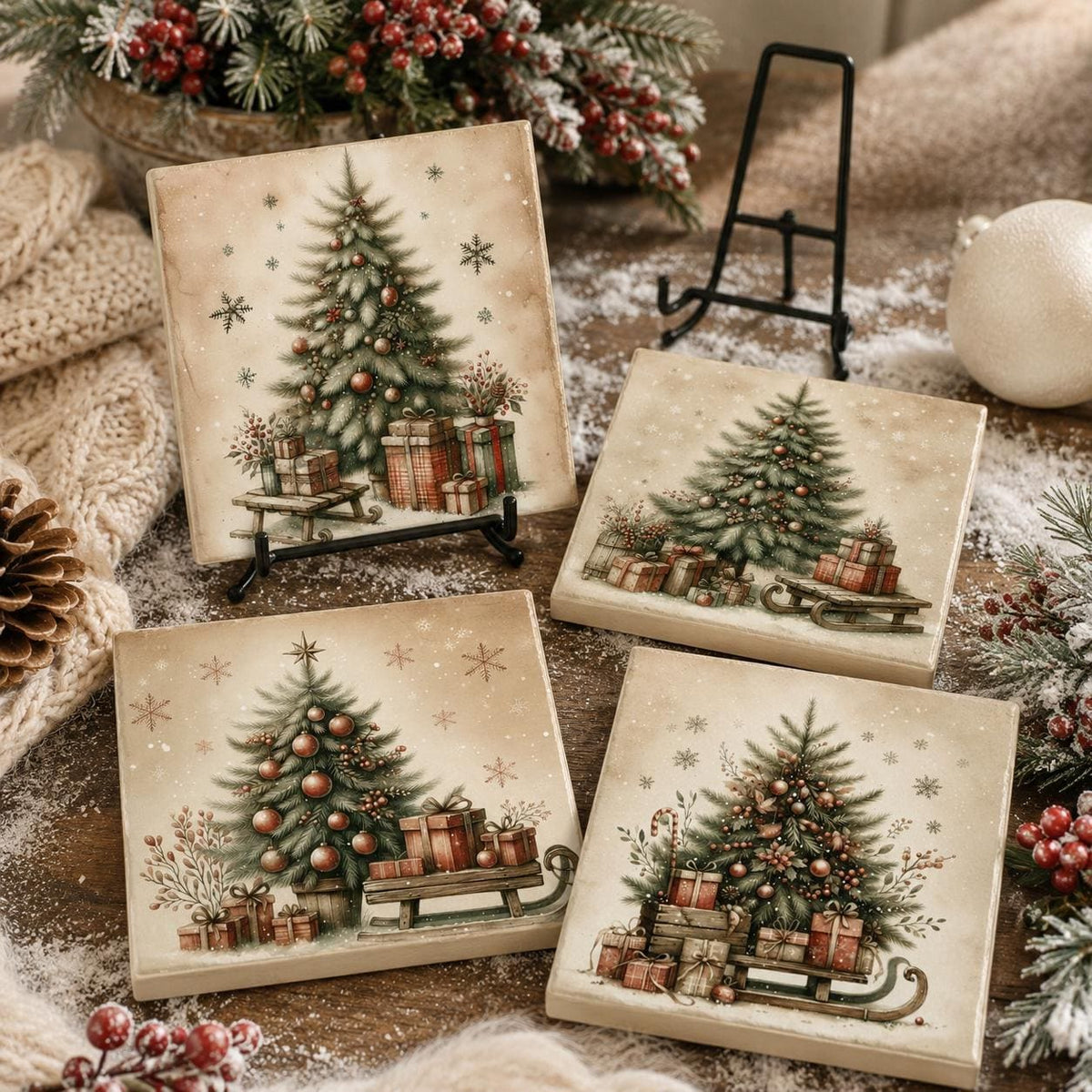 Christmas Coasters Set, Square Ceramic with Vintage Tree Designs