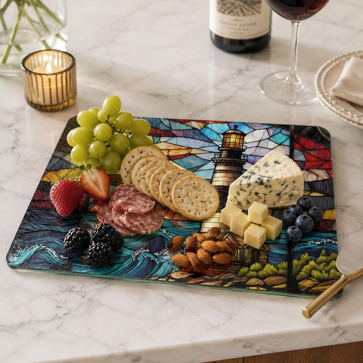 Lighthouse Glass Cutting Board, Coastal Serving Tray with Nautical Design