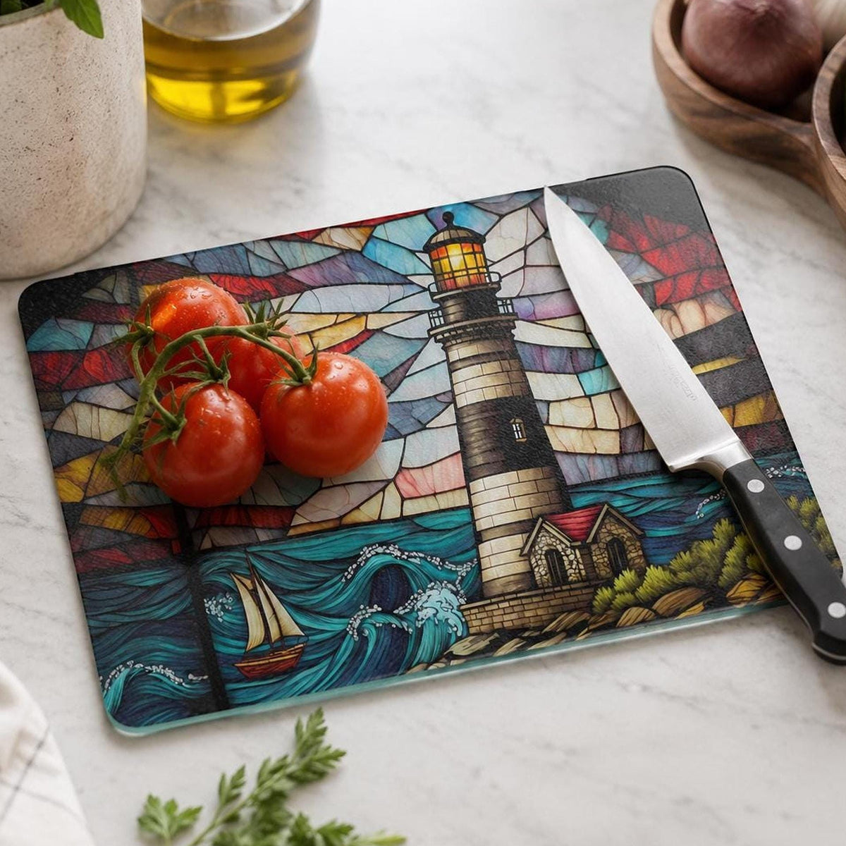 Lighthouse Glass Cutting Board, Coastal Serving Tray with Nautical Design