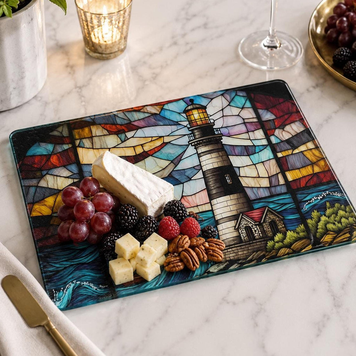 Lighthouse Glass Cutting Board, Coastal Serving Tray with Nautical Design