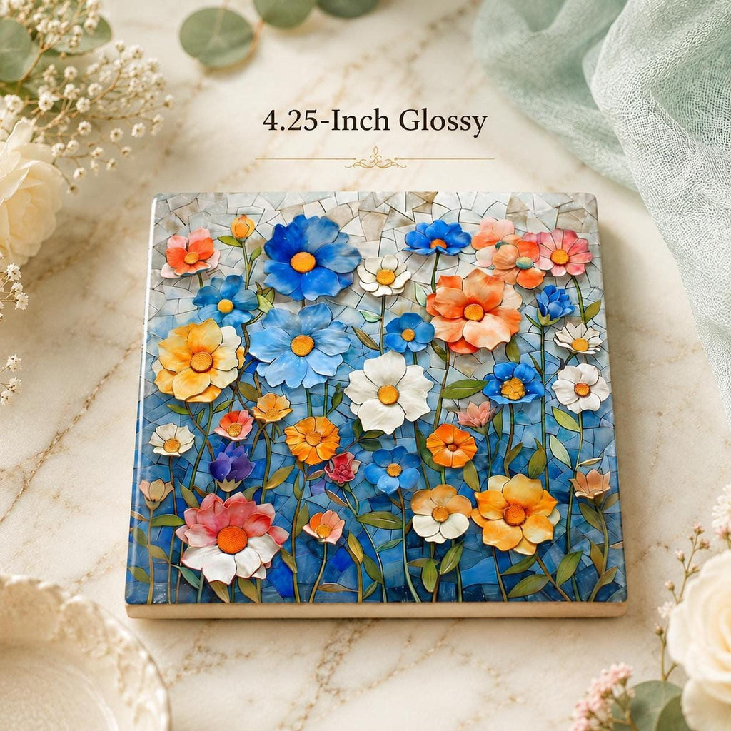 Floral Coaster, Square Ceramic with Mosaic Blue Flower Design