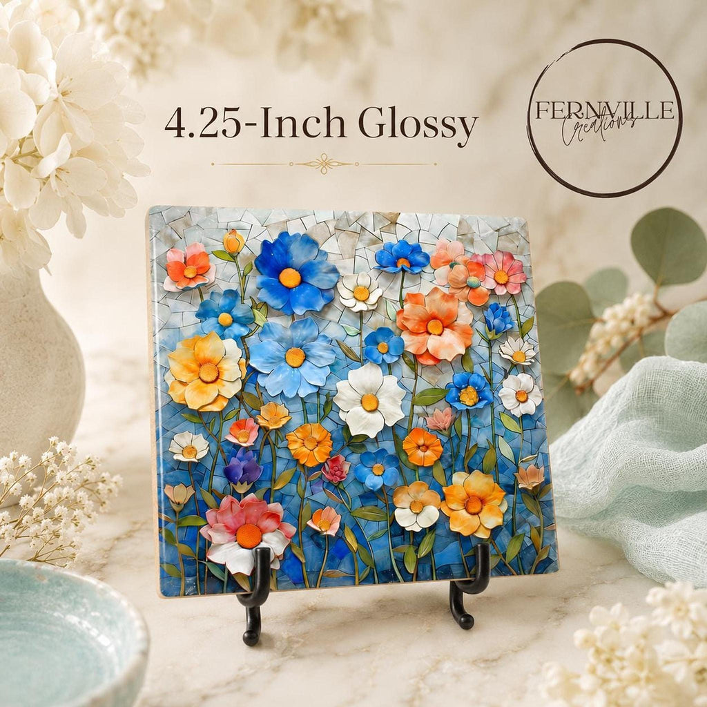 Floral Coaster, Square Ceramic with Mosaic Blue Flower Design