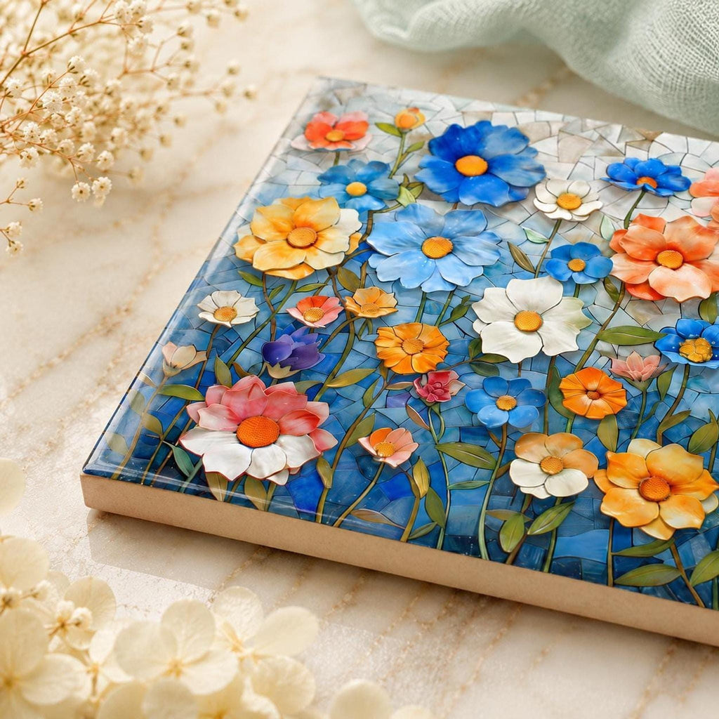 Floral Coaster, Square Ceramic with Mosaic Blue Flower Design